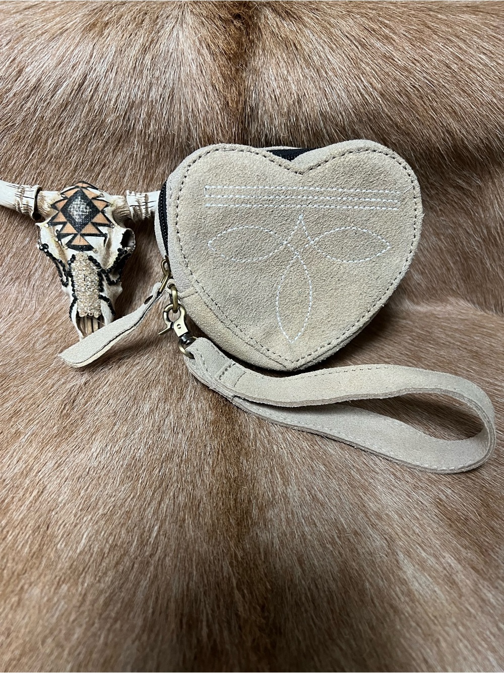 Heart-Shaped Suede Wristlet Coin Purse in Beige